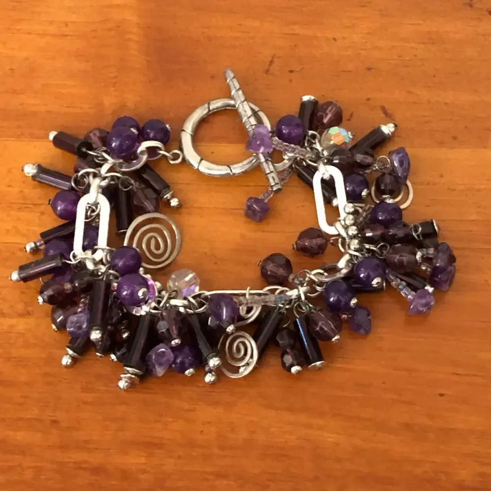 Purple Glass Bead Charm Bracelet Silver Tone Dangle Statement Jewelry - Picture 3 of 8